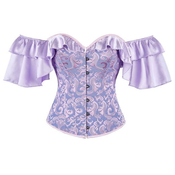 Sweet Corset Tops for Women Jacquard Off-the-Shoulder Bustier with Ruffle Sleeve Vintage Overbust Corsets S