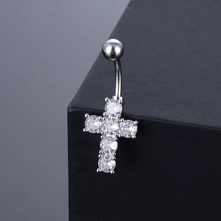 Sweet Crystal Zircon Cross Belly Button Ring Cross Piercing Fashion Navel Nail Puncture Body Piercing Jewelry Accessories