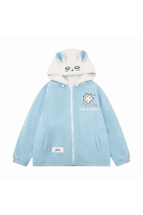 Sweet Cute Funny Cartoon Embroidery Ears Hooded Loose Thickened Plush Warm Outerwear Kawaii Jackets Women Winter Coat