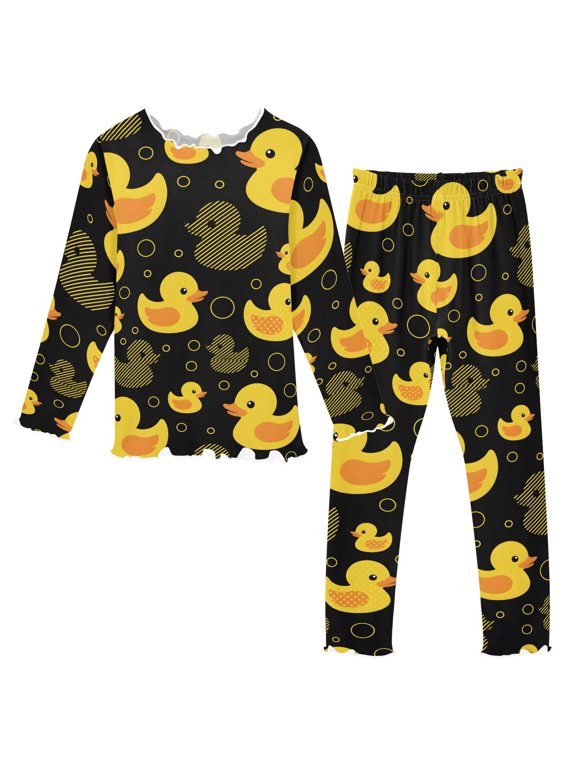Sweet Cute Yellow Ducks Pajama Set Soft Warm 2-Piece Long Sleeve Sleepwear Soft Warm Cozy 9-10Y