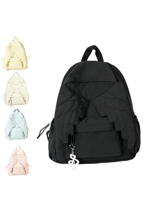 Sweet Cutecore Daypack Spacious Wings Backpack Angel Wings Backpack School Backpack for Young Women With Music Note Hanging Pendant,Black-B