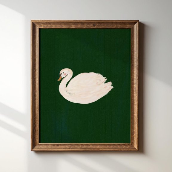 Sweet Deep Green Watercolor Style Swan Illustration Print, Vertical Portrait, Instant Print, Sweet Nursery Decor For Living Room UNFRAMED