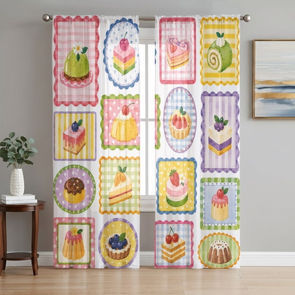 Sweet Dessert Sheer Curtains 84 Inches Long, Modern Farmhouse Cute Cake Dots Plaid Light Filtering Window Curtains for Living Room, Rod Pocket Voile Sheer Curtain Drapes, 52"W x 84"L, 2 Panels