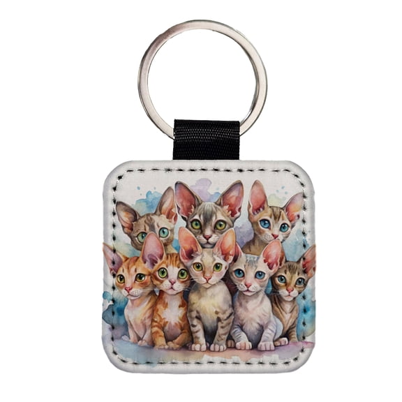 Sweet Devon Rex Cats Faux Leather Square Keychain