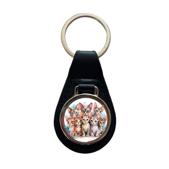 Sweet Devon Rex Cats Metal Black Leather Keychain