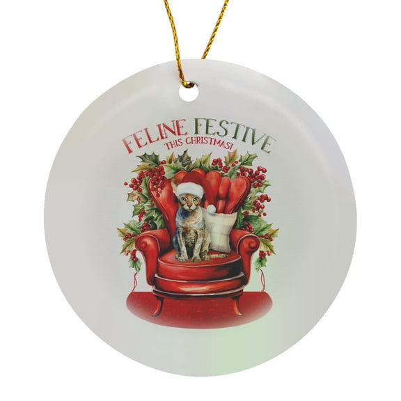 3drose, Sweet Devon Rex Kitty for Cat Moms Christmas Holiday Celebration, Circle Porcelain Ornament