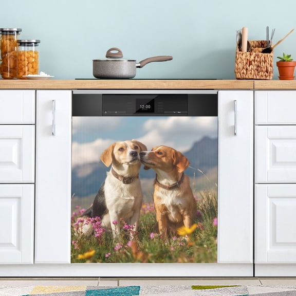 Sweet Dog Couple on Meadow Valentine Dishwasher Magnet Refrigerator Magnetic Cover Washing Machine Magnet Sticker Kitchen Decor