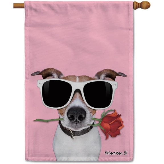 Sweet Dog House Flag Jack Russell Terrier With Sunglasses and Red Rose Floral Anniversary Valentine''s Day Decor Home Banner for Outside Yard 28x40 Inch Both Sides