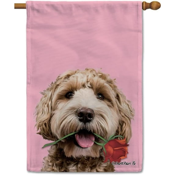 Sweet Dog House Flag Labradoodle Puppy and Red Rose Floral Anniversary Valentine''s Day Decor Home Banner for Outside Yard 28x40 Inch Both Sides