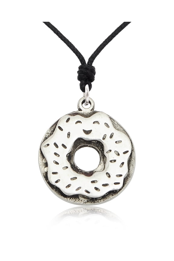 Sweet Donut Silver Pewter Charm Necklace Pendant Jewelry With Cotton Cord