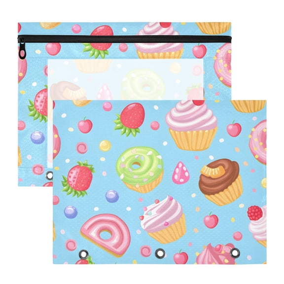 Sweet Donuts Cupcakes Candies 3-Ring Binder Pouches A4 Size Zipper Pocket File Storage 2 Packs