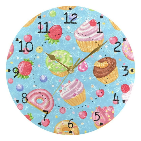 Sweet Donuts Cupcakes Candies Round Wall Clock Silent Analog Battery Operated Gold Pointer Home Decor 9.84" Diameter