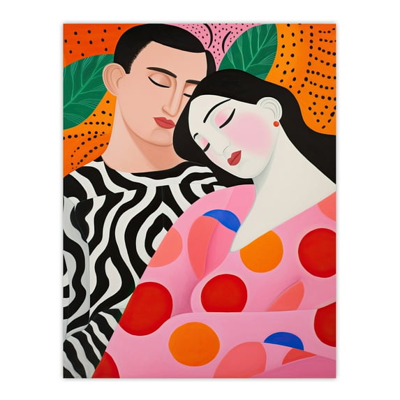 Sweet Dreaming Sleeping Couple in Vibrant Patterns Orange Pink Red Oil Painting Unframed Wall Art Print Poster Home Decor Premium
