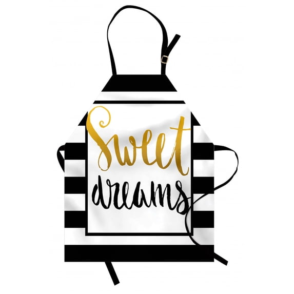 Sweet Dreams Apron Vintage Hand Drawn Lettering Design with Monochrome Stripes Background, Unisex Kitchen Bib Apron with Adjustable Neck for Cooking Baking Gardening, Yellow Black White, by Ambesonne