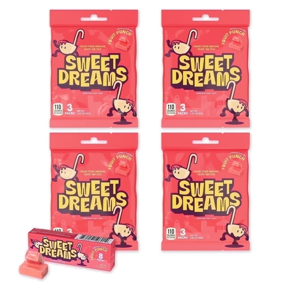 Sweet Dreams Soft Center-Filled Chewy Candy, Fruit Punch, 96 Individually Wrapped Candies (4 Pack), Gluten-Free Fruit Chews, 3 Sticks per Bag