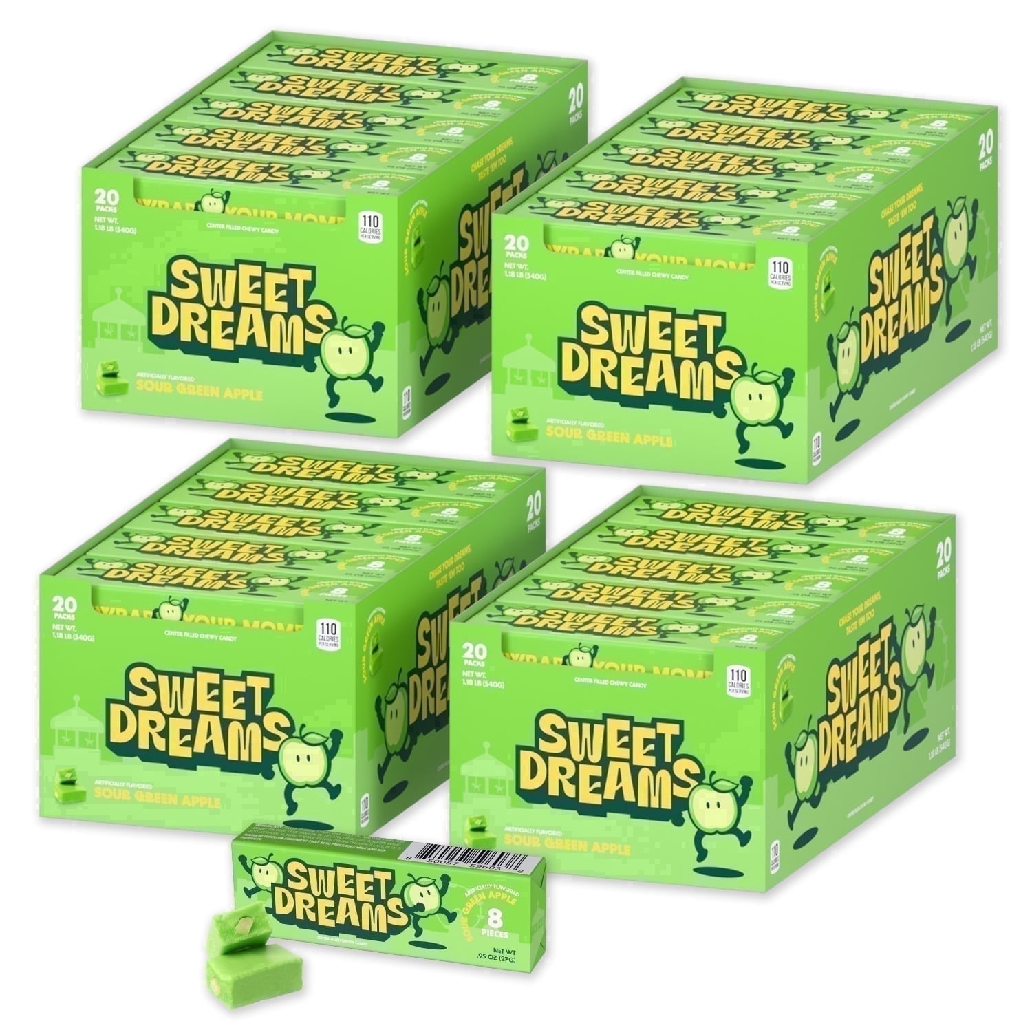 Sweet Dreams Soft Center-Filled Sour Green Apple Candy - 4 Boxes, 80 Sticks, 640 Pieces - Gluten-Free Candy Sticks - Sweet & Tangy Apple Candy for Kids and Adults