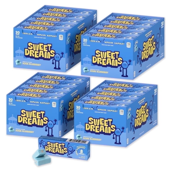 Sweet Dreams Soft Center-Filled Sour Blueberry Candy - 4 Boxes, 80 Sticks, 640 Pieces - Gluten-Free Blue Berry Candy - Bulk Candy Sticks for Kids and Adults