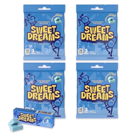Sweet Dreams Soft Center-Filled Chewy Candy, Sour Blueberry, 96 Individually Wrapped Candies (4 Pack), Gluten-Free Fruit Chews, 3 Sticks per Bag