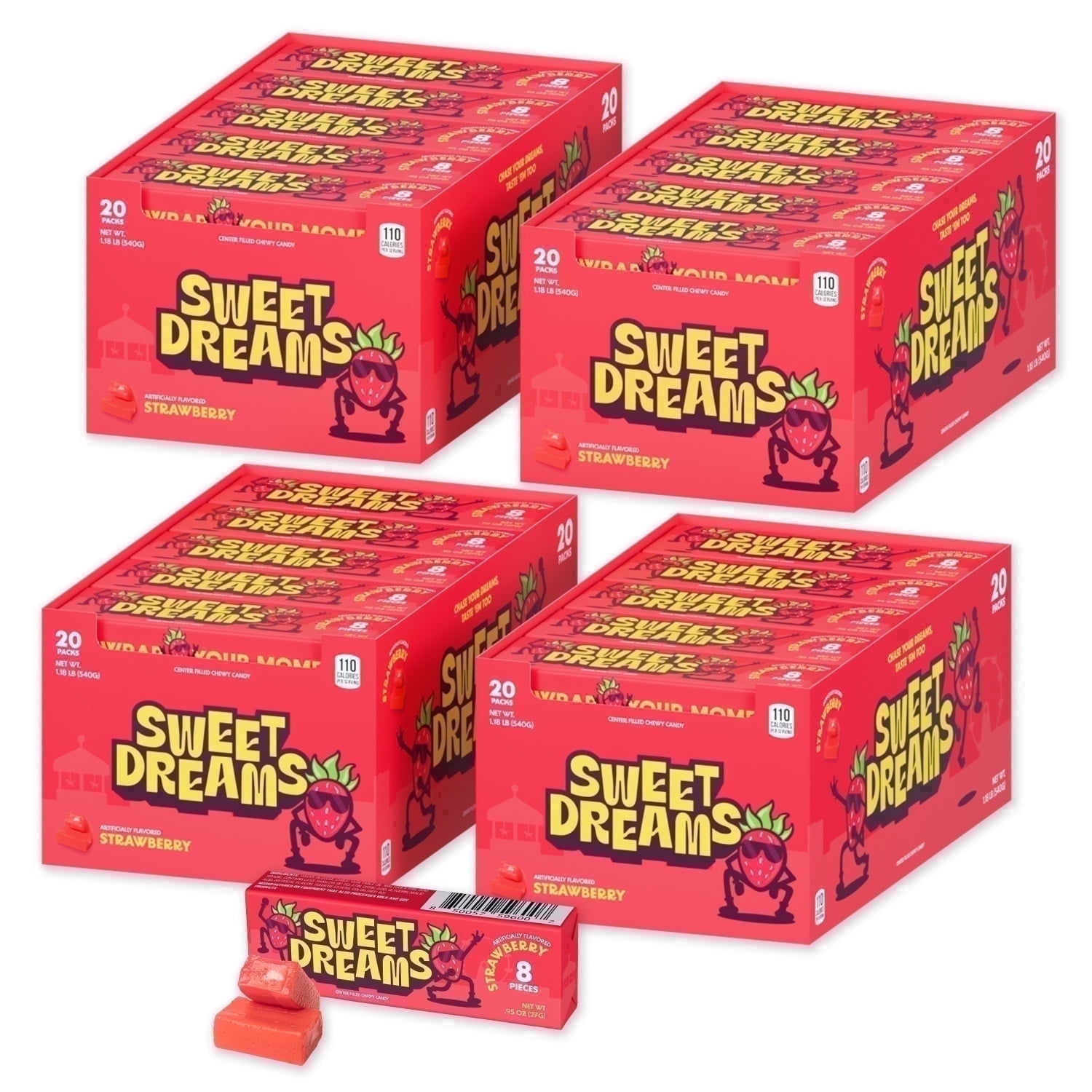 Sweet Dreams Soft Center-Filled Strawberry Candy - 4 Boxes, 80 Sticks, 640 Pieces - Gluten-Free Bulk Candy - Strawberry Filled Candy for Kids and Adults