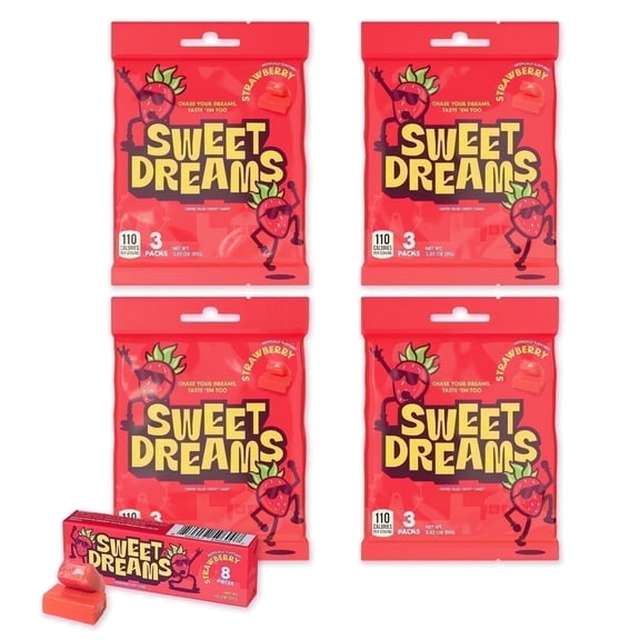 Sweet Dreams Soft Center-Filled Chewy Candy, Strawberry Flavor, 96 Individually Wrapped Candies (4 Bags), Gluten-Free Fruit Chews, 3 Sticks per Bag