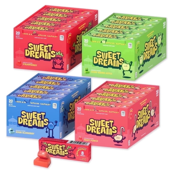 Sweet Dreams Soft Center-Filled Chewy Candy Variety Pack - 4 Boxes, 80 Sticks, 640 Pieces - Assorted Fruity Flavors - Gluten-Free Candy Sticks - Sweet & Sour Candy for Kids and Adults