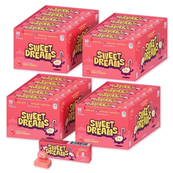 Sweet Dreams Soft Center-Filled Fruit Punch Candy - 4 Boxes, 80 Sticks, 640 Pieces - Gluten-Free Fruity Candy - Sweet & Tangy Chewy Candy for Kids and Adults