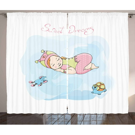 Sweet Dreams Curtains 2 Panels Set, Girl Sleeping with Her Toys Teddy Tortoise and Elephant Cartoon Illustration, Window Drapes for Living Room Bedroom, 108W X 63L Inches, Multicolor, by Ambesonne