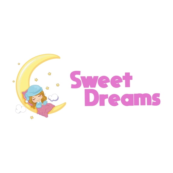Sweet Dreams Cute Girls Slpeeing Over Moon Quote Wall Design Wall Art Sticker Designs Vinyl Stickers For Home House Walls Rooms Windows Bedroom Decoration Size (26x26 inch)