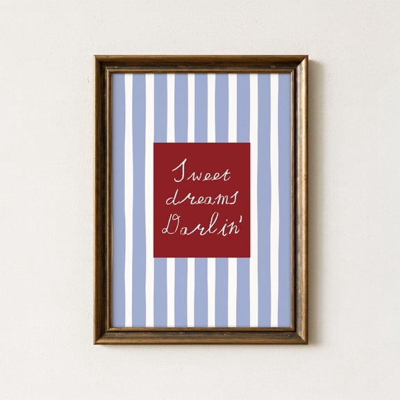 Sweet Dreams Darlin' Art Poster, Light Blue Stripes + Burgundy Hand Drawn Wall Decor, Cute Baby Bedroom Decor, Children' Nursery Wall Art, Unframed Poster Size 8x12 F03.1.15l224