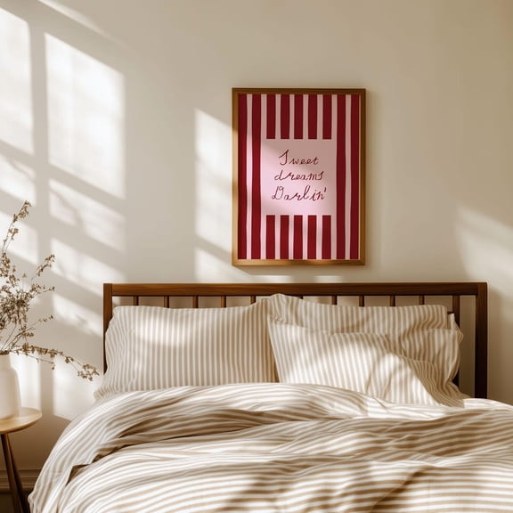 Sweet Dreams Darlin' Art Poster, Red And Pastel Pink Stripes Hand Drawn Wall Decor, Cute Baby Bedroom Decor, Children'S Nursery Wall Art, Unframed Poster Size 8x12 F03.1.15l96