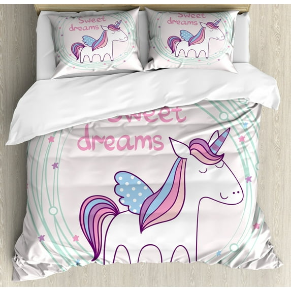 Sweet Dreams Duvet Cover Set King Size, Cute Magical Unicorn with Hand Drawn Circles Dots and Stars Nursery Theme, Decorative 3 Piece Bedding Set with 2 Pillow Shams, Multicolor, by Ambesonne