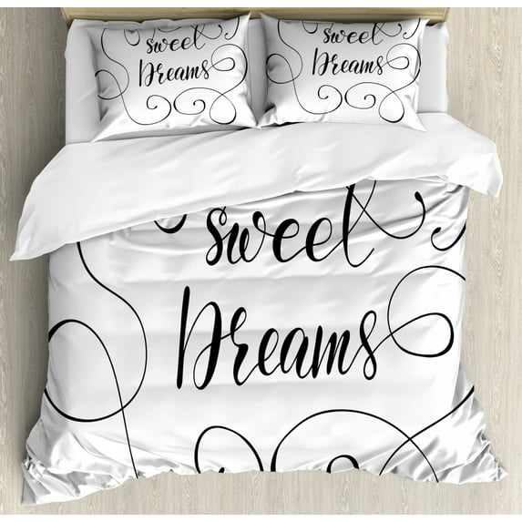Sweet Dreams Duvet Cover Set King Size, Inspirational Text with Modern Romantic Calligraphy Design and Swirls, Decorative 3 Piece Bedding Set with 2 Pillow Shams, Black White, by Ambesonne