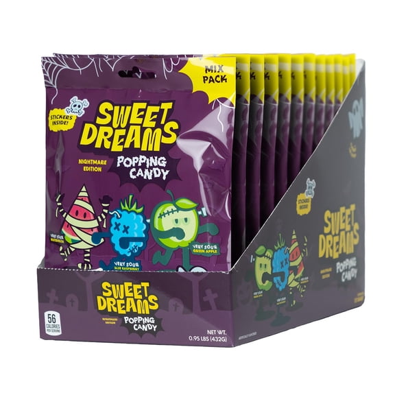 Sweet Dreams Popping Candy | Spooky Ghost Shaped Lollipop with Very Sour Dip Pouches, and Stickers | Display Pack, 12 Bags (3 pouches in each)- 36 Total Pouches