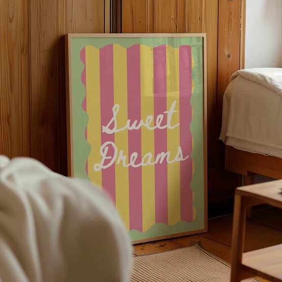 Sweet Dreams Poster, Soft Pink Yellow Striped Wall Art, Pink Girly Dorm Decor, Trendy Above Bed Wall Art, Pastel Print Girls Room Gifts #45 UNFRAMED PAPER POSTER, Home Decor, Vintage Gift