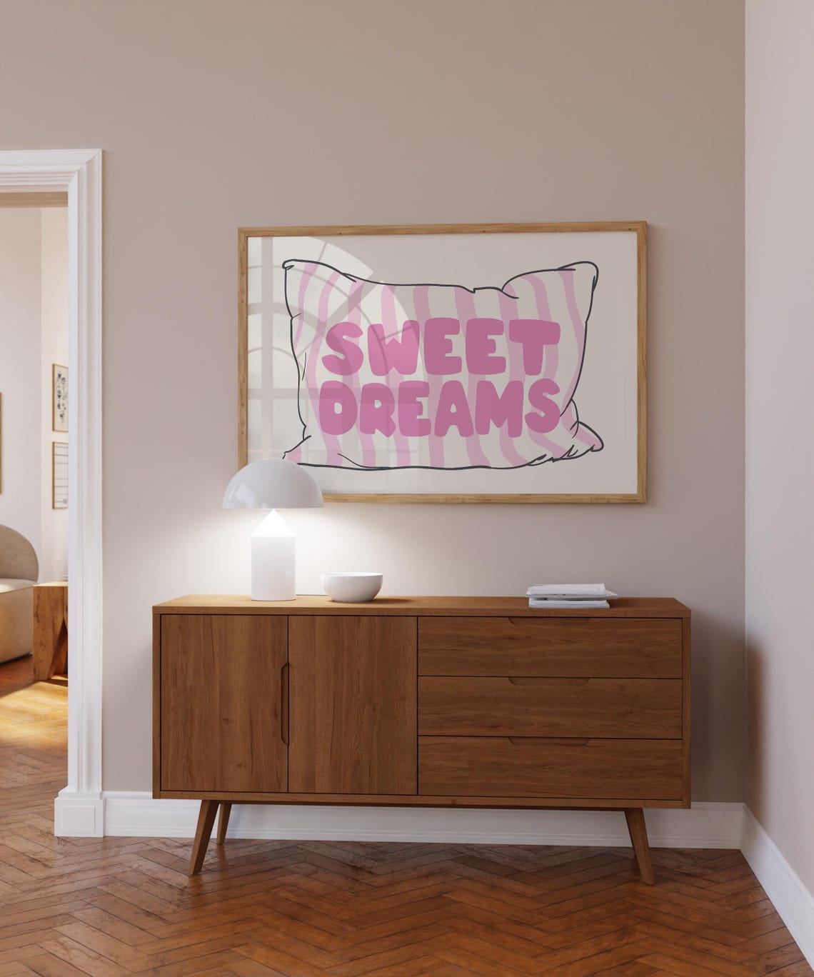 Sweet Dreams Print Pink Above Bed Art, Horizontal Physical Poster Cute ...