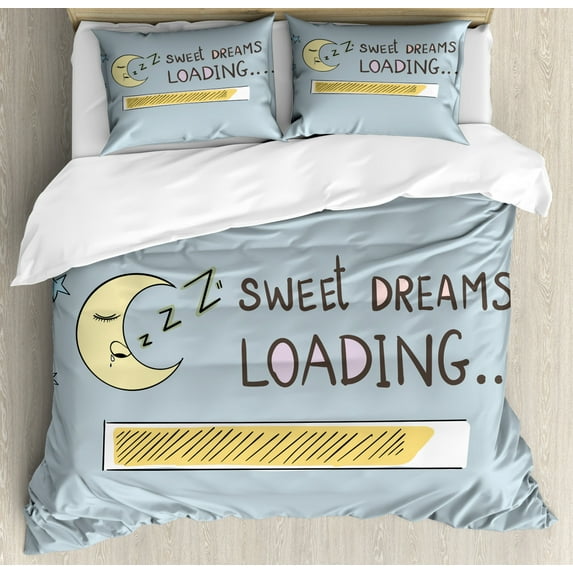 Sweet Dreams Queen Size Duvet Cover Set, Sweet Dreams Loading Concept with Progress Bar Design and Funny Moon Asleep, Decorative 3 Piece Bedding Set with 2 Pillow Shams, Multicolor, by Ambesonne