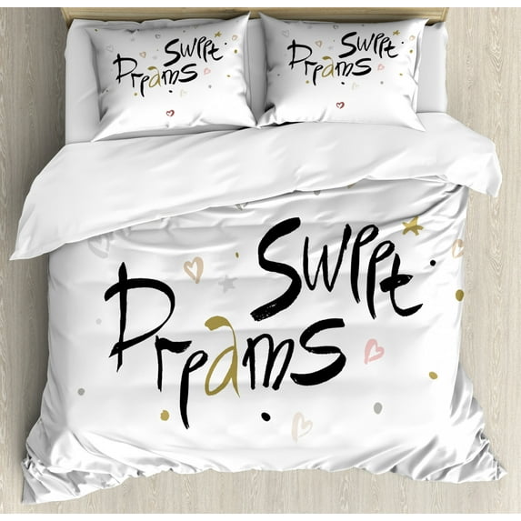 Sweet Dreams Queen Size Duvet Cover Set, Romantic Hearts with Brush Calligraphy Design Sleeping Themed Arrangement, Decorative 3 Piece Bedding Set with 2 Pillow Shams, Multicolor, by Ambesonne