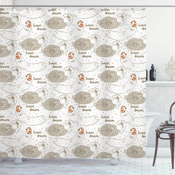 Sweet Dreams Shower Curtain, Sleeping Animals Pattern Sheep and Cat Cartoon with Dotted Backdrop, Fabric Bathroom Set with Hooks, 69W X 84L Inches Extra Long, Orange and Brown, by Ambesonne
