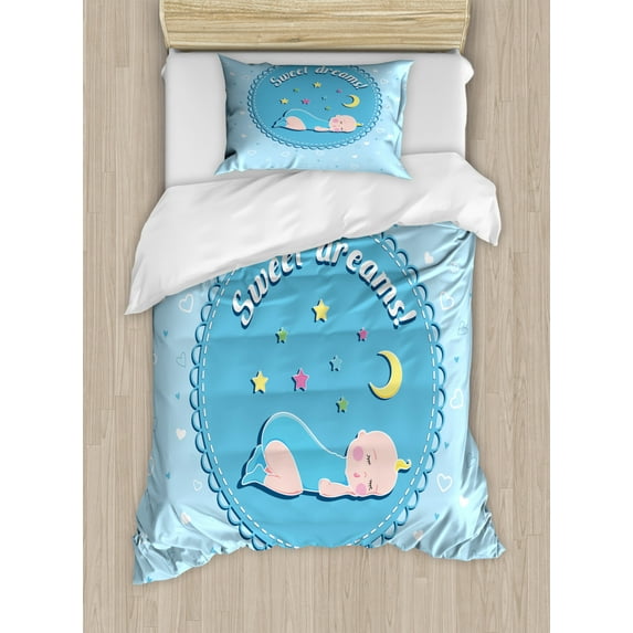 Sweet Dreams Twin Size Duvet Cover Set, Newborn Baby Sleeping with Colorful Stars and Moon on Heart Filled Background, Decorative 2 Piece Bedding Set with 1 Pillow Sham, Multicolor, by Ambesonne