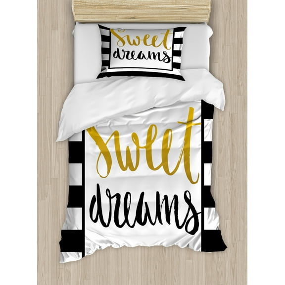Sweet Dreams Twin Size Duvet Cover Set, Vintage Hand Drawn Lettering Design with Monochrome Stripes Background, Decorative 2 Piece Bedding Set with 1 Pillow Sham, Yellow Black White, by Ambesonne