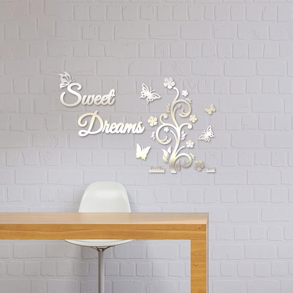 Sweet Dreams Wall Stickers Flowers and Butterflies Pattern Mirror Decor Stickers DIY Wall Decals for Living Room Bedroom Bathroom Office Kitchen