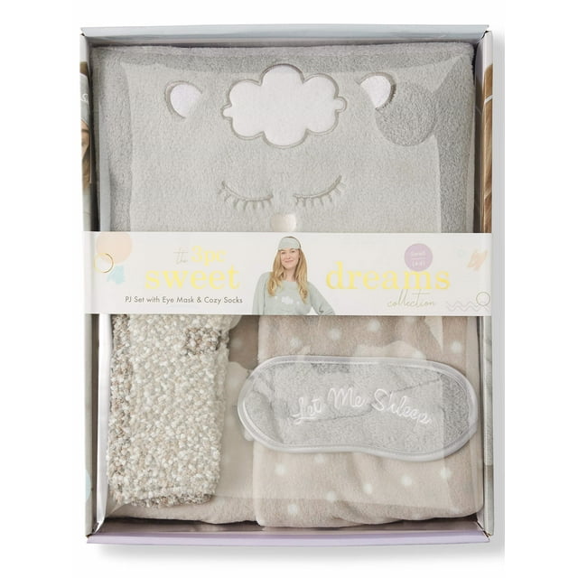 Sweet Dreams Women's 4-Piece Plush Gift Box Pajama Set (Top, Pant, Socks, and Eye Mask)