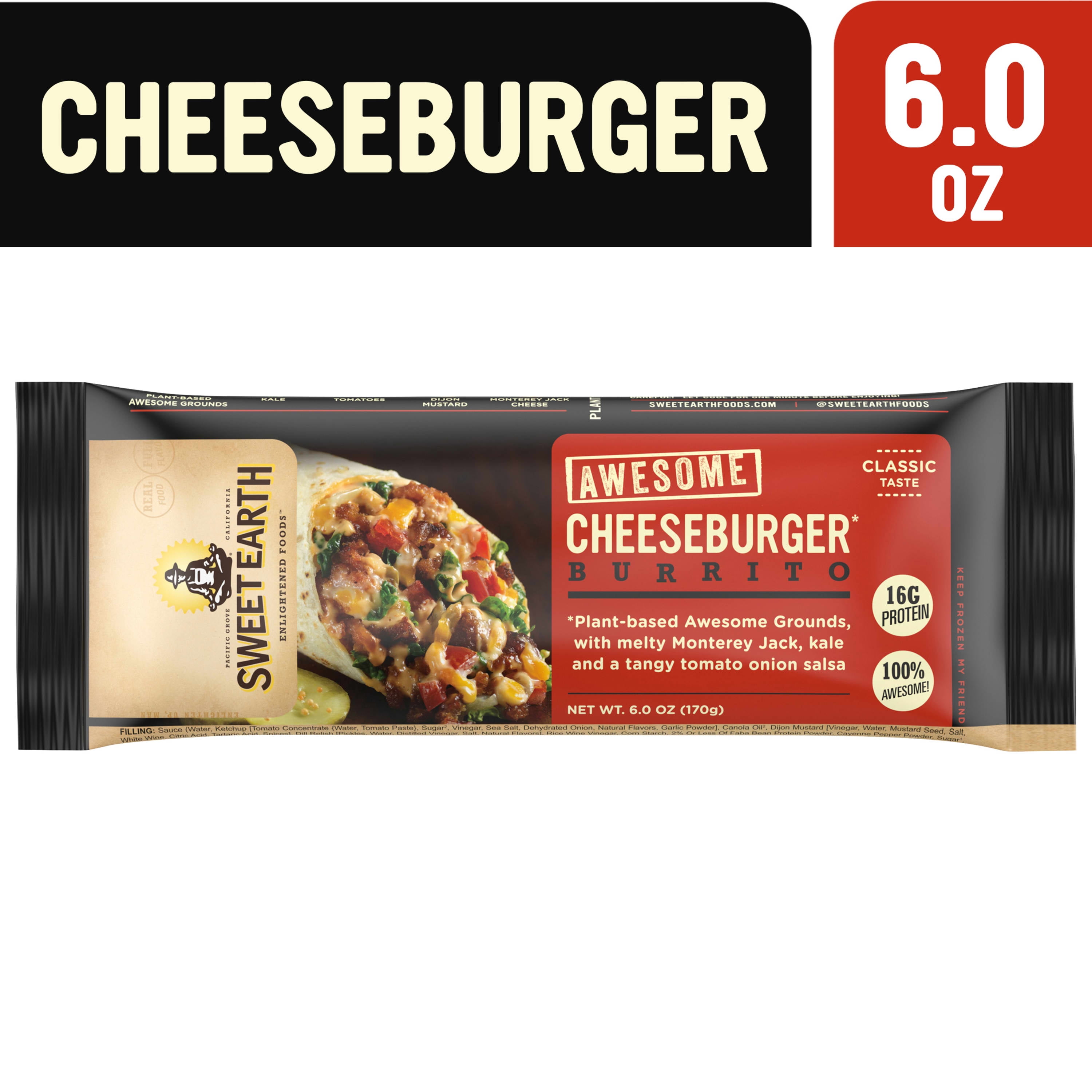 Sweet Earth Awesome Cheeseburger Vegetarian Frozen Burrito 6 Oz Plant Based Burgers Meatless