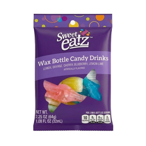 Sweet Eatz Assorted Fruit Flavored Lemon, Orange, Cherry, Blueberry & Lemon-Lime Wax Bottle Candy Drinks, 2.25 oz Bag