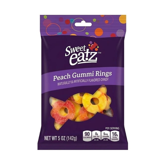 Sweet Eatz Peach Gummi Rings Candy, Flavored Peach Gummy Rings, Soft Chewy Peach Ring Gummies, 5 oz
