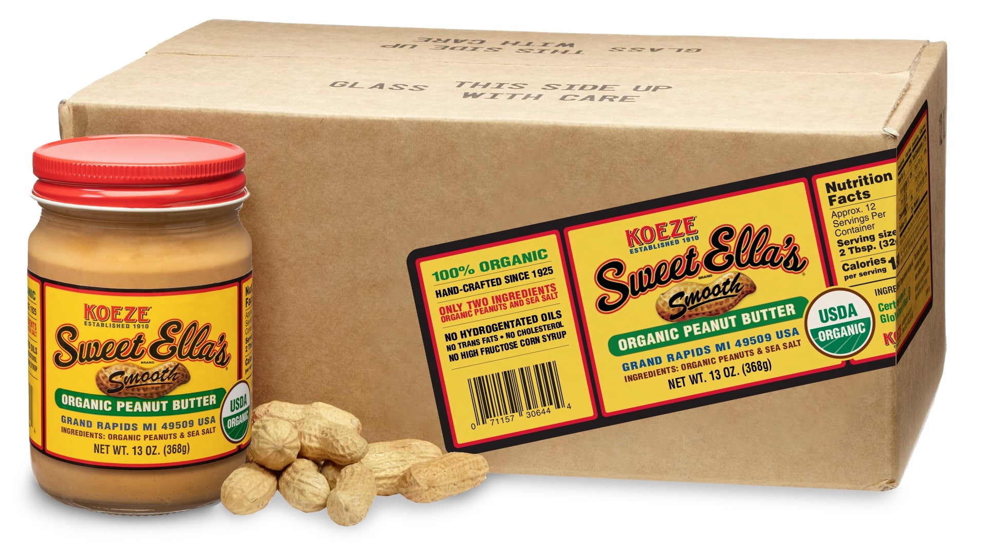 Sweet Ella's Smooth Organic Peanut Butter, Vegan, 6 - 13oz Jars