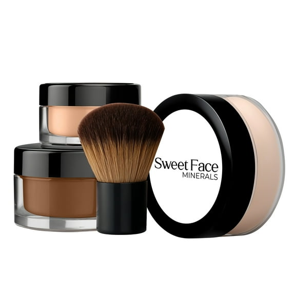 4pc Full Size Kit (Ebony) Mineral Makeup Matte Loose Foundation + Kabuki Brush + Concealer + Finishing Translucent Setting Powder + Bare Face Full Coverage