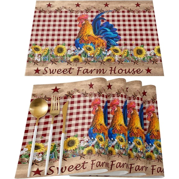 Sweet Farm House Rustic Rooster Placemats Set of 6 Non Slip Washable Table Mats Set, Sunflower Western Texas Star Red Plaid Table Placemats for Kitchen Dining Table Wedding Holiday Party Decoration