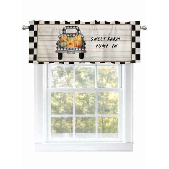 Sweet Farm Valances for Windows Thanksgiving Pumpkin Truck Black Plaid Wood Grain Kitchen Valance Curtain Rod Pocket Small Curtains for Cafe Bathroom Laundry Basement 42" x 12"