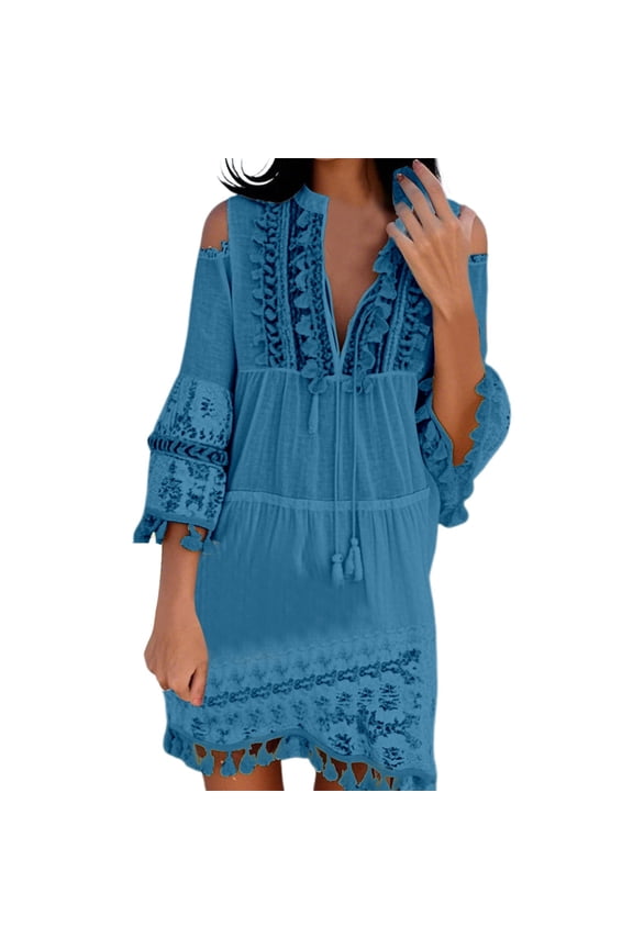 Sweet Fashion V Neck Off Shoulder Lace Trim Beach Dress For Women
